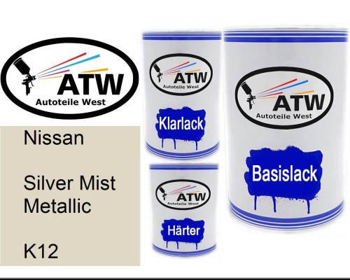 Nissan, Silver Mist Metallic, K12: 500ml Lackdose + 500ml Klarlack + 250ml Härter - Set, von ATW Autoteile West.